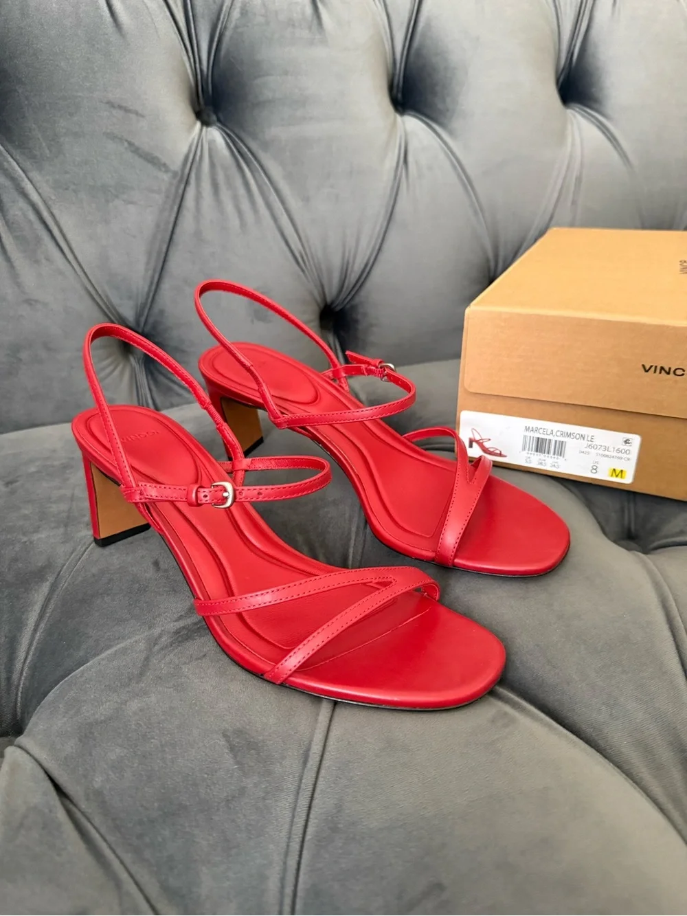 Vince Red Strappy Slingback Block Heel Sandals